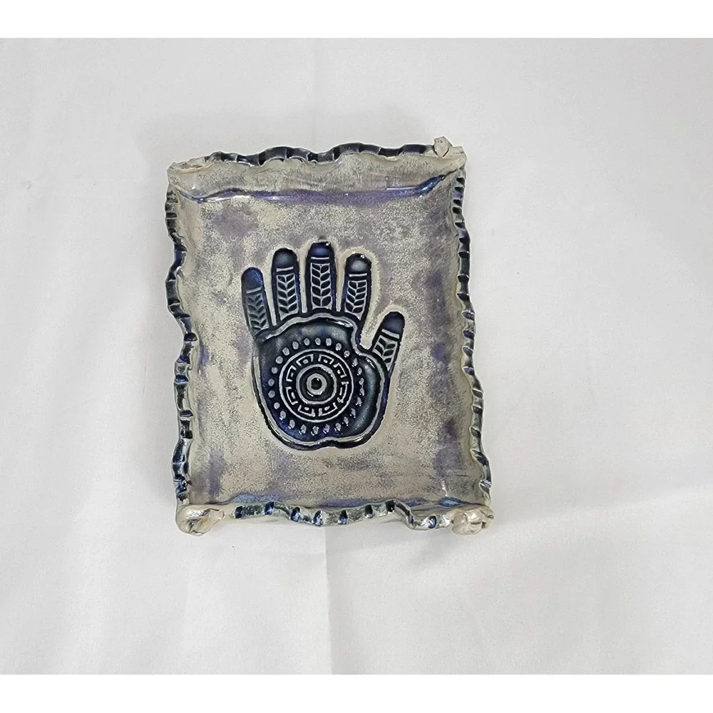 Artist Signed Healing Hand Hamsa Trinket Tray  Blue  Ceramic Pottery